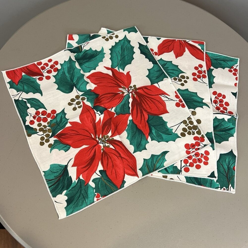Vera Winter Garden Poinsettia Cloth Napkins Christmas 16" Square lot of 3